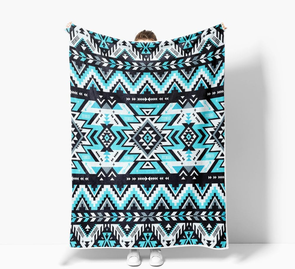 Southwestern Throw Blankets, Tribal Aztec Soft Cozy Flannel American Native Ethnic Geometric Mexican Western Boho Design Warm Bed Blanket for Man Woman Adults Blue Black White Couch Decor