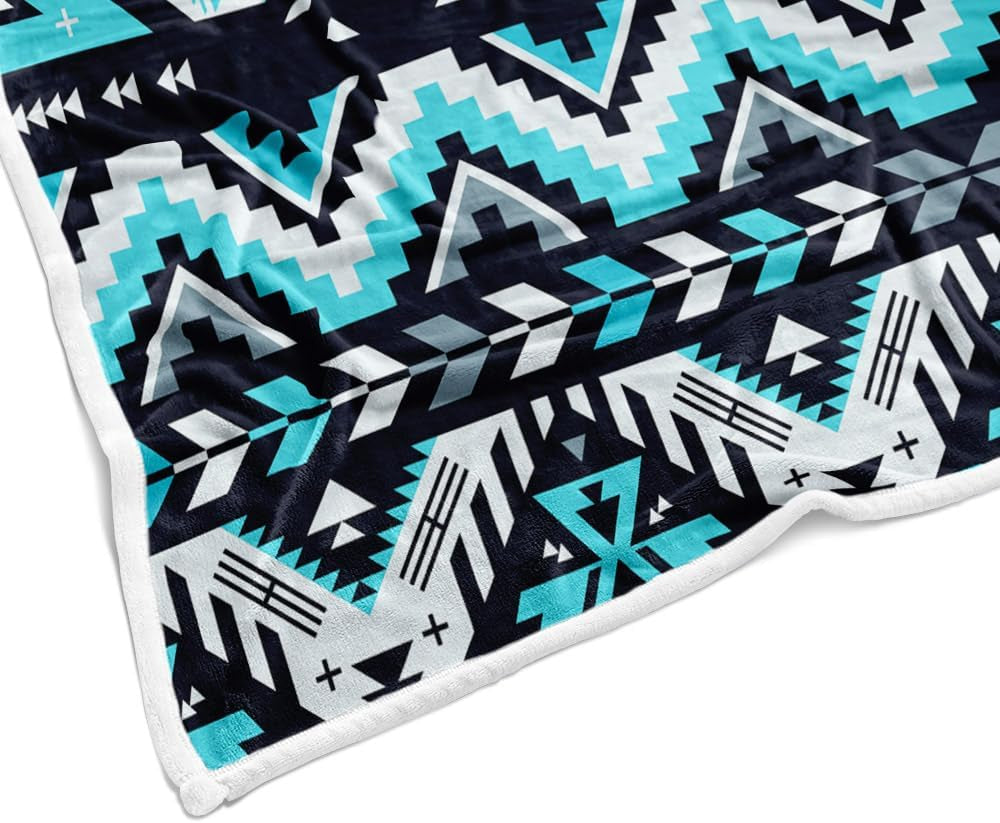 Southwestern Throw Blankets, Tribal Aztec Soft Cozy Flannel American Native Ethnic Geometric Mexican Western Boho Design Warm Bed Blanket for Man Woman Adults Blue Black White Couch Decor