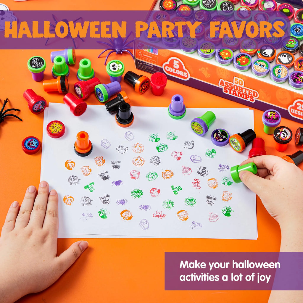 50 Pcs Halloween Assorted Stamps for Kids,Halloween Stampers Halloween Stuff Halloween Goodies Bags Prizes,Halloween Toys for Trick or Treaters Gift,Halloween Party Favor