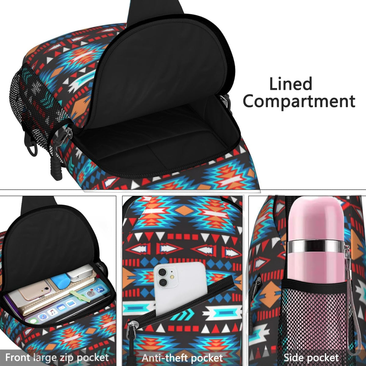 Native American Style Printed Sling Bag for Women Men Small Crossbody Sling Backpack Travel Hiking Daypack Boho Chest Shoulder Bag