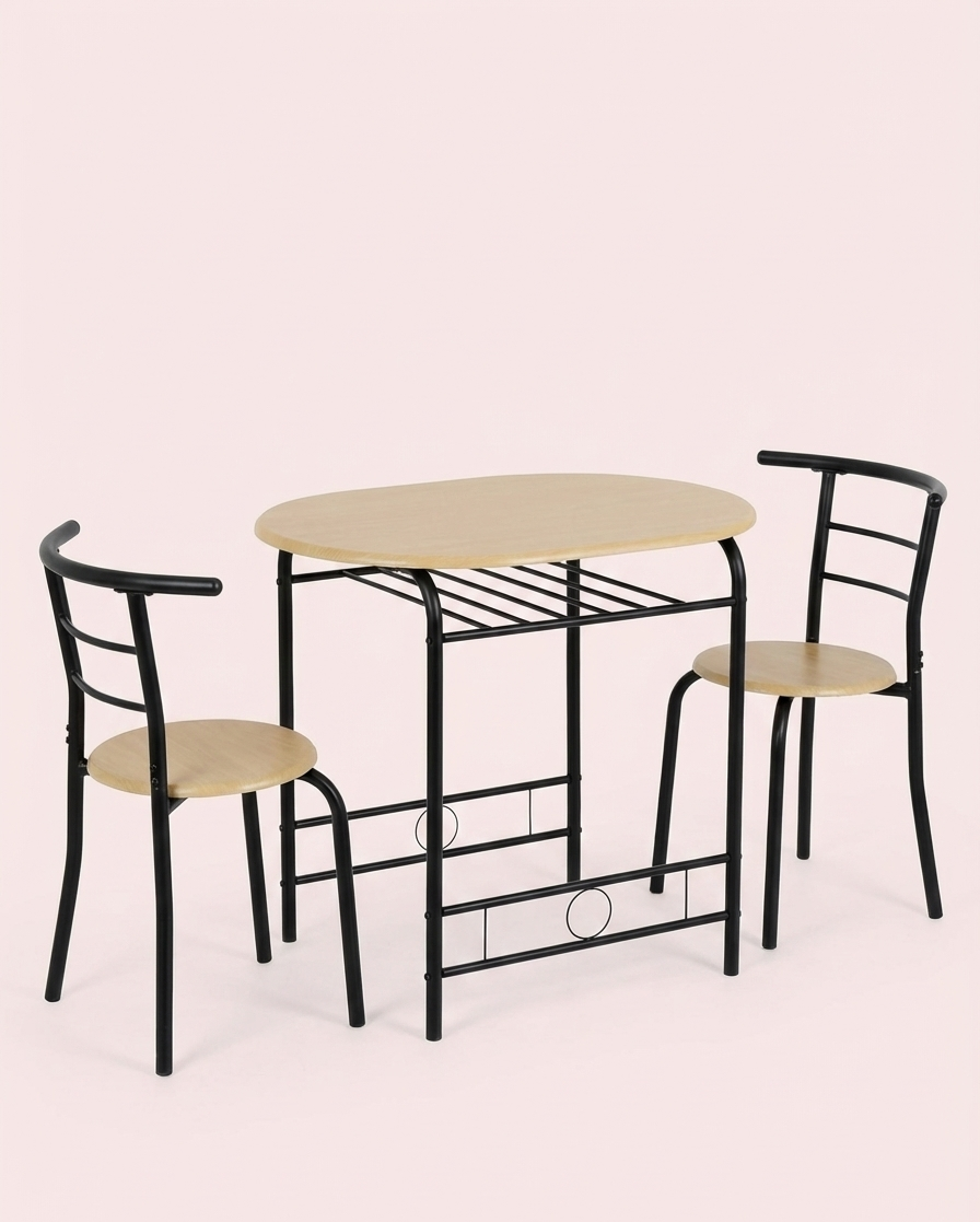 3-Piece Dining Set for 2 – Minimalist Wooden Table + 2 Metal Frame Chairs