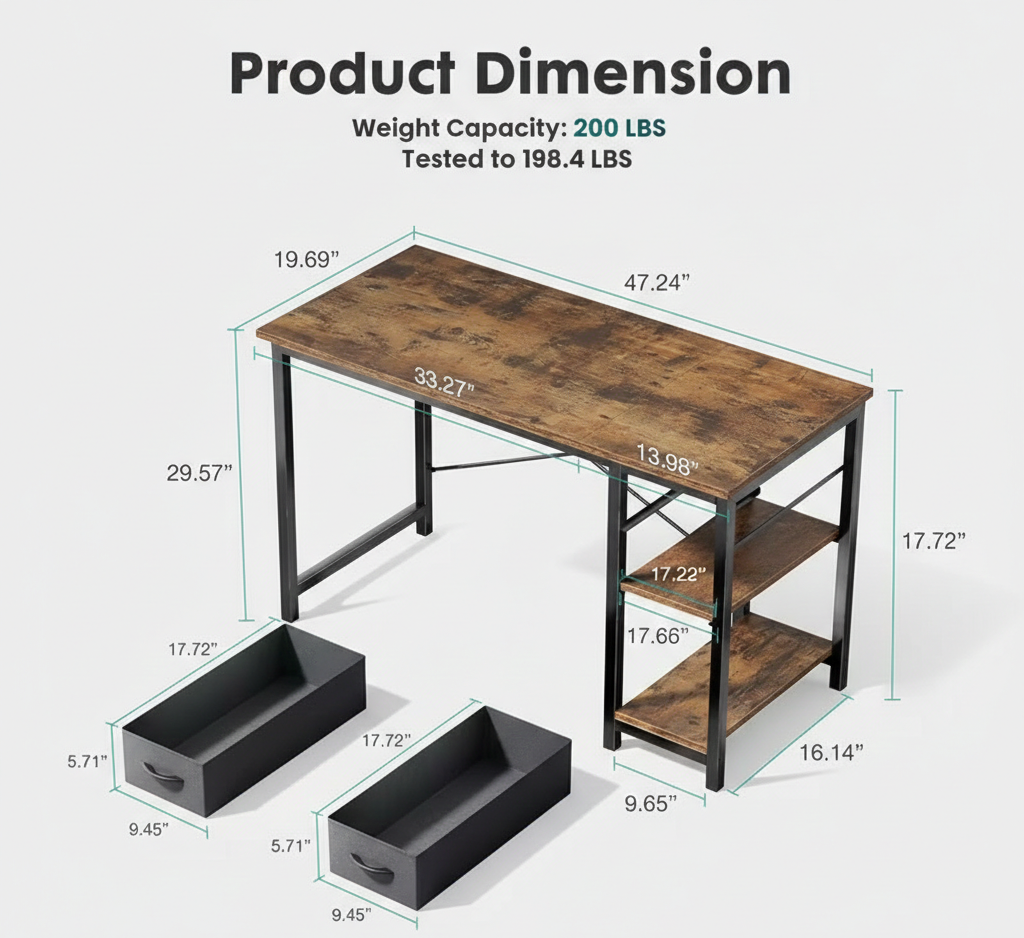 40/47 Inch Computer Desk with Fabric Storage Drawers, Modern Home Office Table