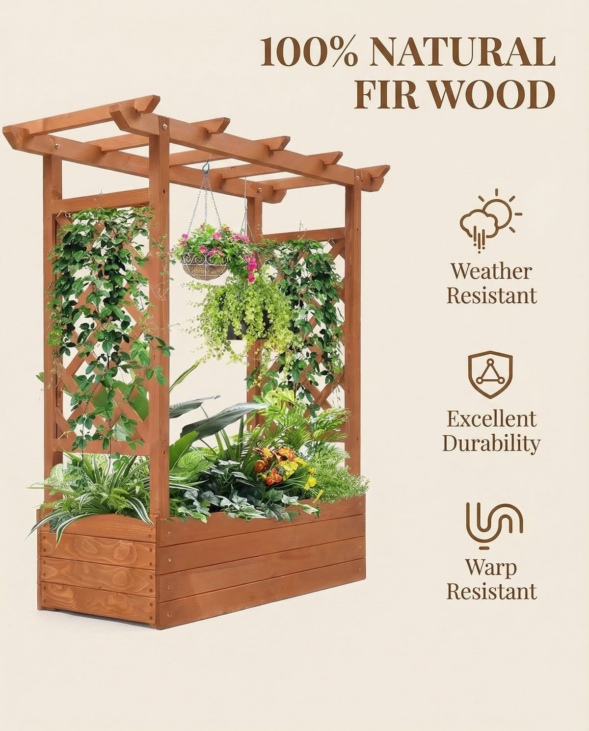 Raised Wooden Planter Box with Tall Trellis for Climbing Plants