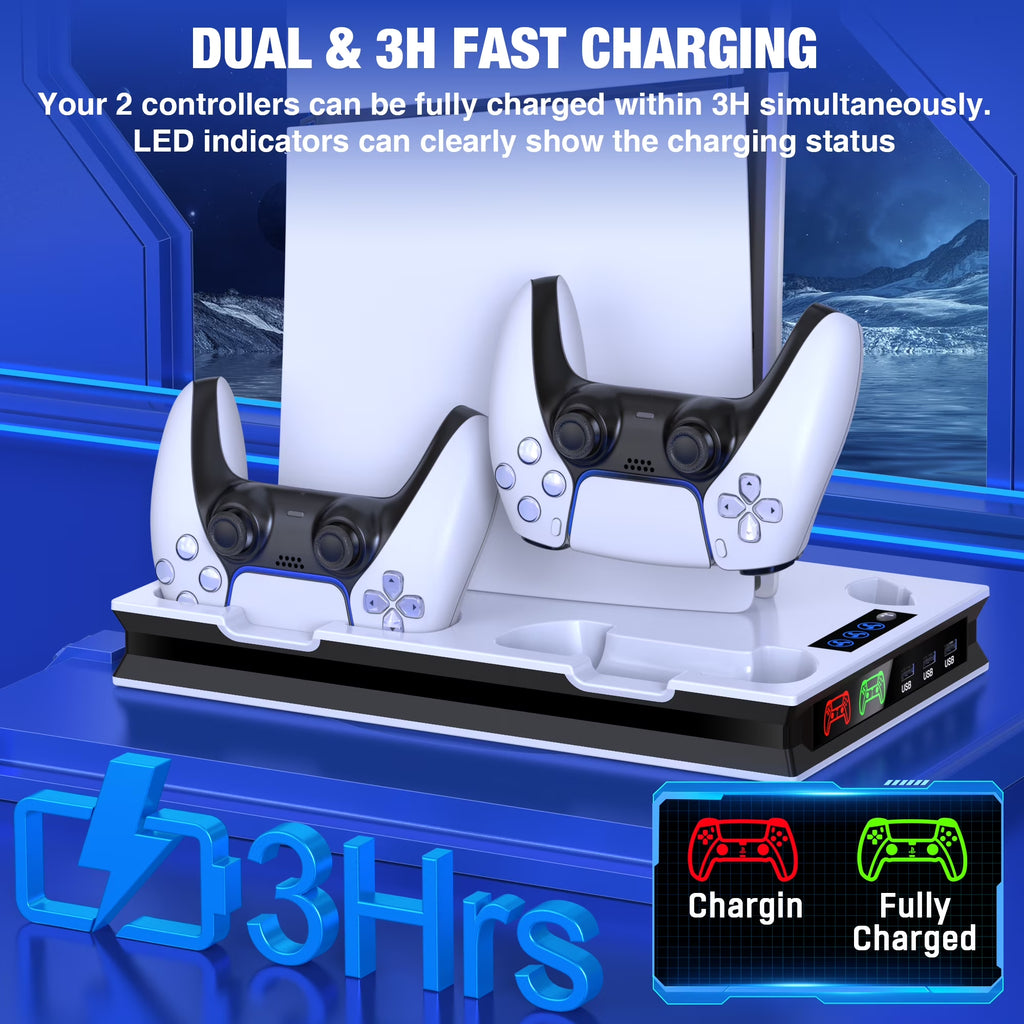 PS5 Cooling Fan Stand, All-In-One Charger Station with Dual Turbo Fan & Dual Controller Charging Dock, for PS5 Pro, Slim, Disc & Digital Edition