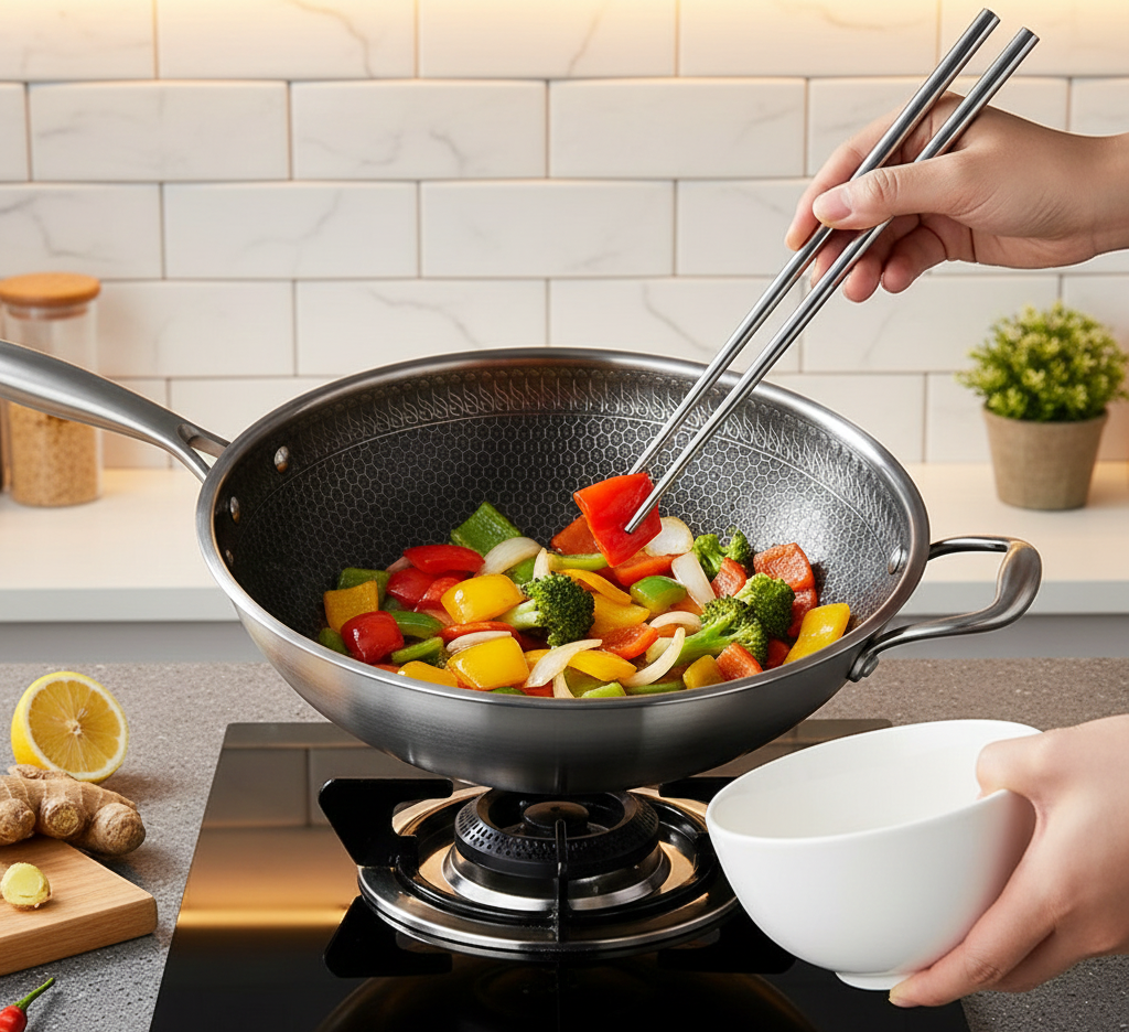 13.3″ Stainless Steel Wok Pan with Lid & Spatula – Nonstick – All Cooktops
