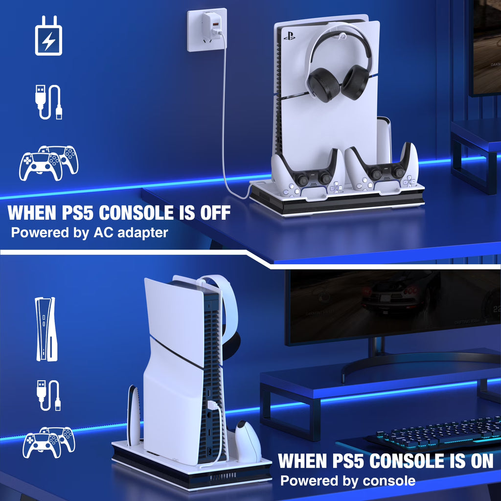 PS5 Cooling Fan Stand, All-In-One Charger Station with Dual Turbo Fan & Dual Controller Charging Dock, for PS5 Pro, Slim, Disc & Digital Edition