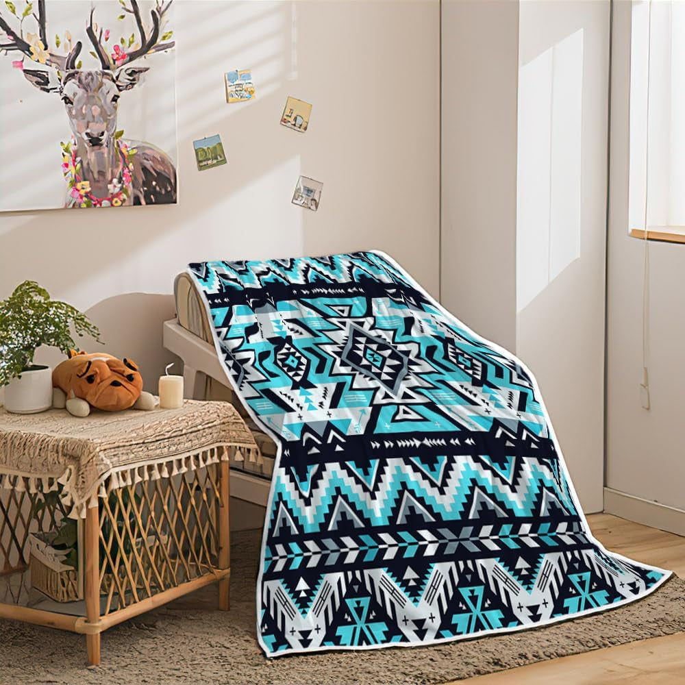 Southwestern Throw Blankets, Tribal Aztec Soft Cozy Flannel American Native Ethnic Geometric Mexican Western Boho Design Warm Bed Blanket for Man Woman Adults Blue Black White Couch Decor