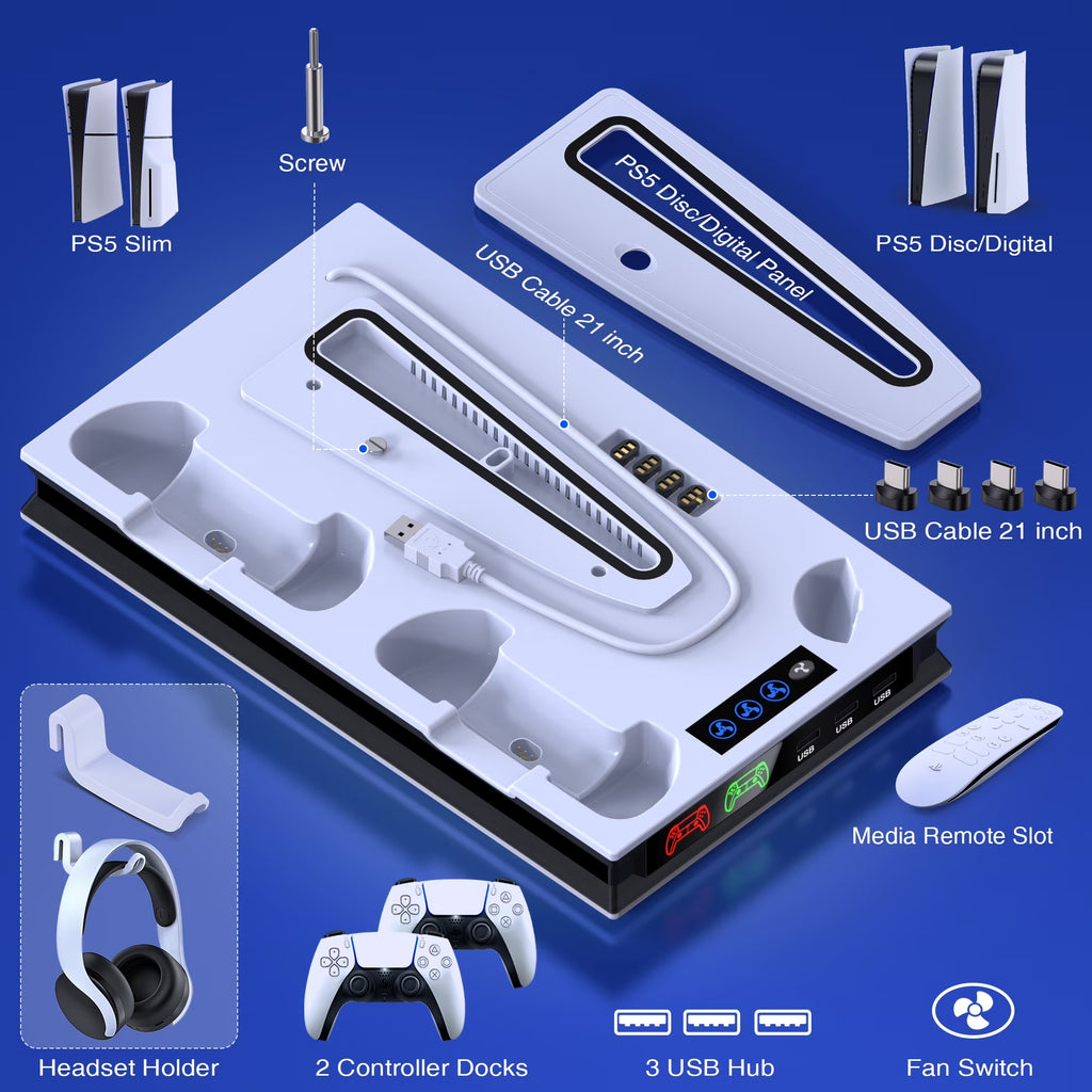 PS5 Cooling Fan Stand, All-In-One Charger Station with Dual Turbo Fan & Dual Controller Charging Dock, for PS5 Pro, Slim, Disc & Digital Edition