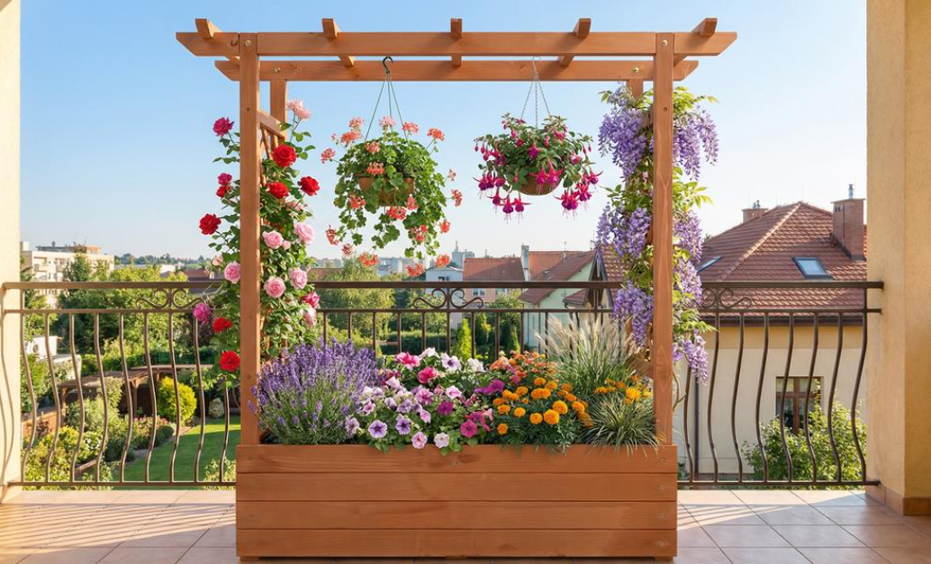 Raised Wooden Planter Box with Tall Trellis for Climbing Plants
