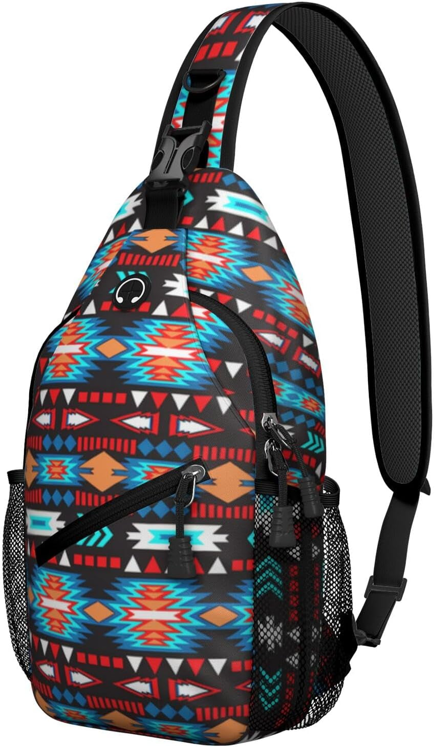 Native American Style Printed Sling Bag for Women Men Small Crossbody Sling Backpack Travel Hiking Daypack Boho Chest Shoulder Bag
