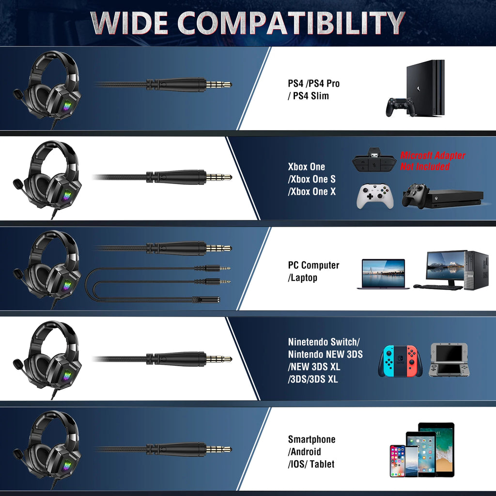 K8 Wired Gaming Headphones with Flexible HD Mic RGB Lighting Effect Over-Ear Wired Headset Gamer for PC Gaming Xbox