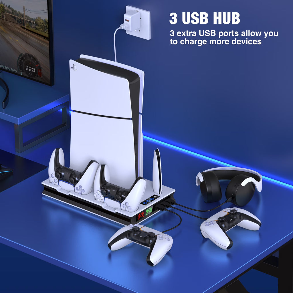 PS5 Cooling Fan Stand, All-In-One Charger Station with Dual Turbo Fan & Dual Controller Charging Dock, for PS5 Pro, Slim, Disc & Digital Edition