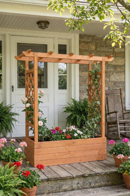 Raised Wooden Planter Box with Tall Trellis for Climbing Plants