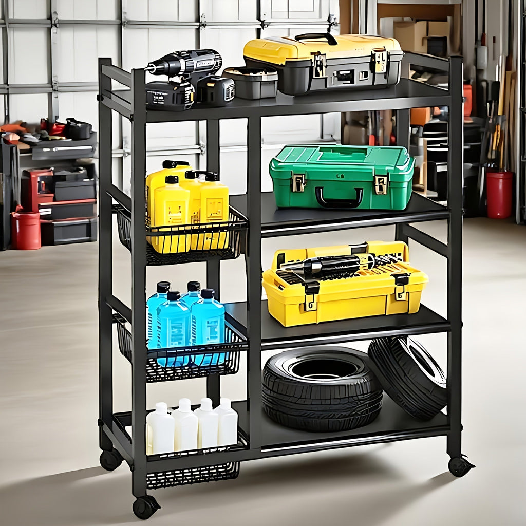 4-Tier Rolling Storage Rack with Baskets, Metal Utility Shelf on Wheels, Kitchen Garage Organizer