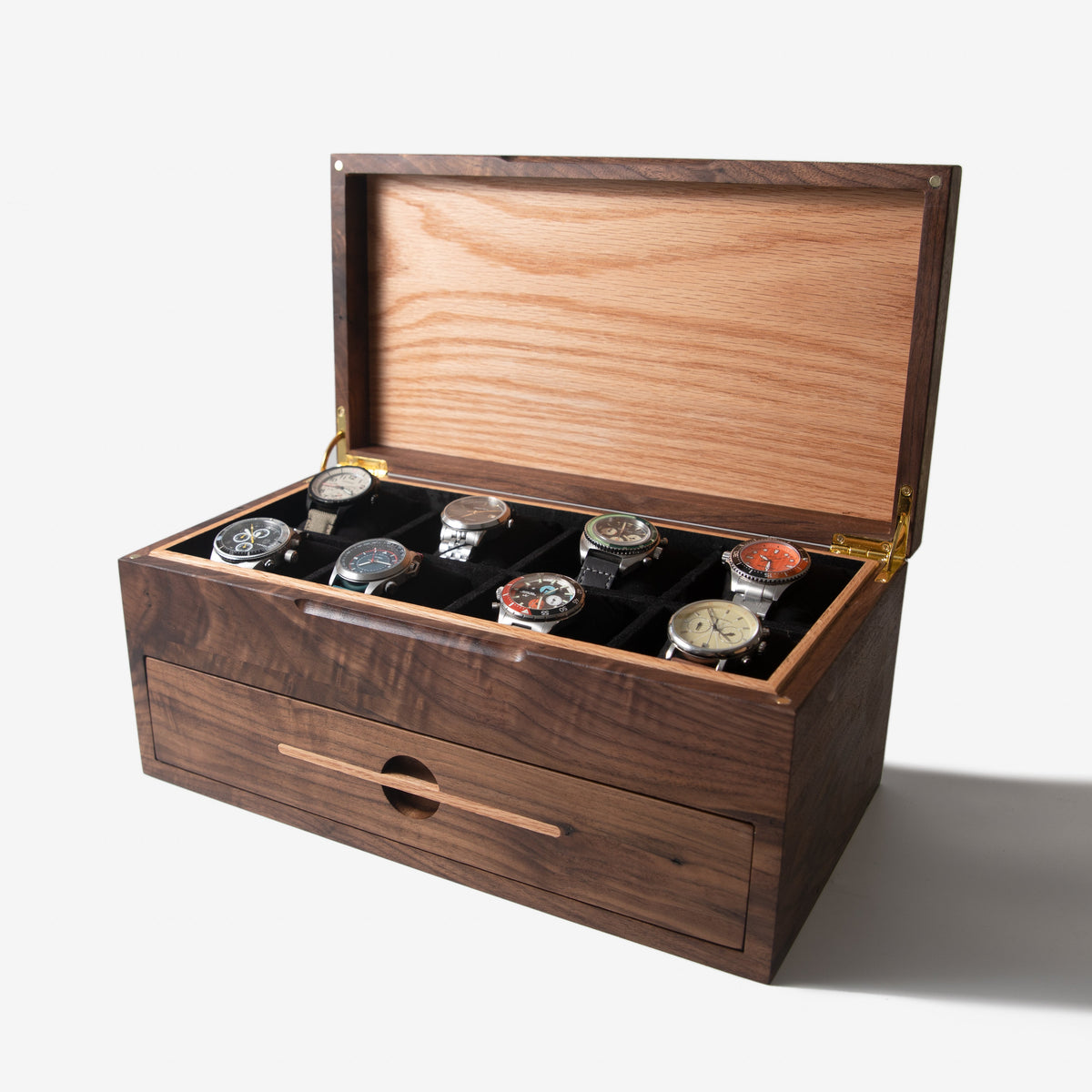 Watch Box with Drawer - Black Walnut and Oak - 12 to 16 Watch Compartments