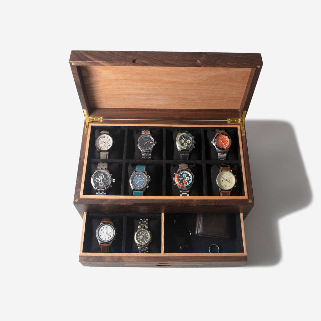 Watch Box with Drawer - Black Walnut and Oak - 12 to 16 Watch Compartments