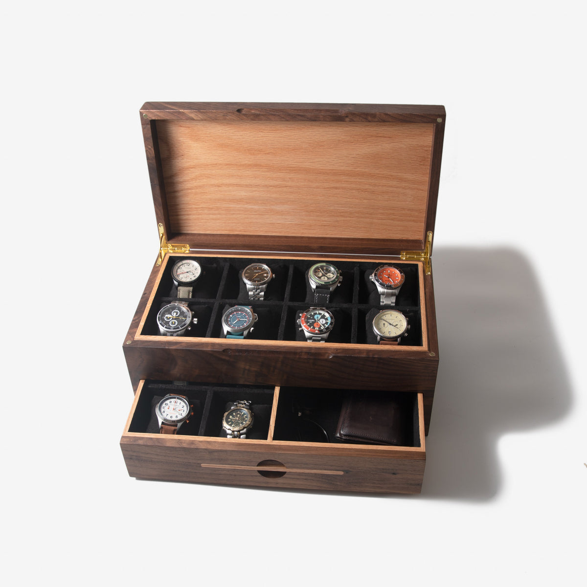Watch Box with Drawer - Black Walnut and Oak - 12 to 16 Watch Compartments