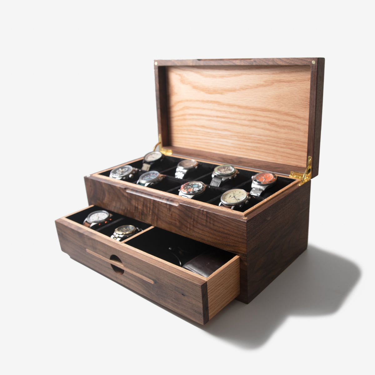 Watch Box with Drawer - Black Walnut and Oak - 12 to 16 Watch Compartments