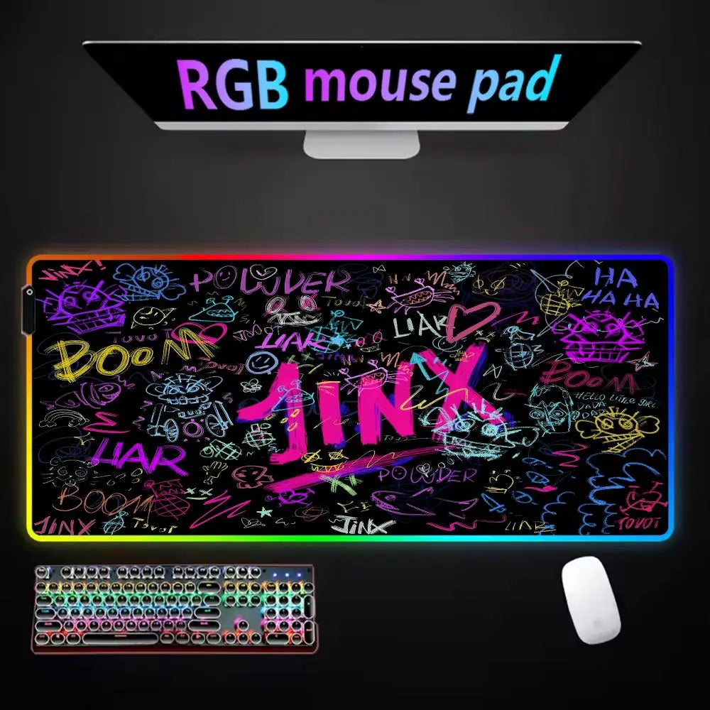 Arcane Jinx LOL Mouse Pad  RGB Keyboard Cover Colorful MousePad LED Light E-sports Mousepad Computer Gamer Glow Long Desk Mat