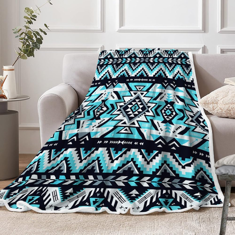 Southwestern Throw Blankets, Tribal Aztec Soft Cozy Flannel American Native Ethnic Geometric Mexican Western Boho Design Warm Bed Blanket for Man Woman Adults Blue Black White Couch Decor