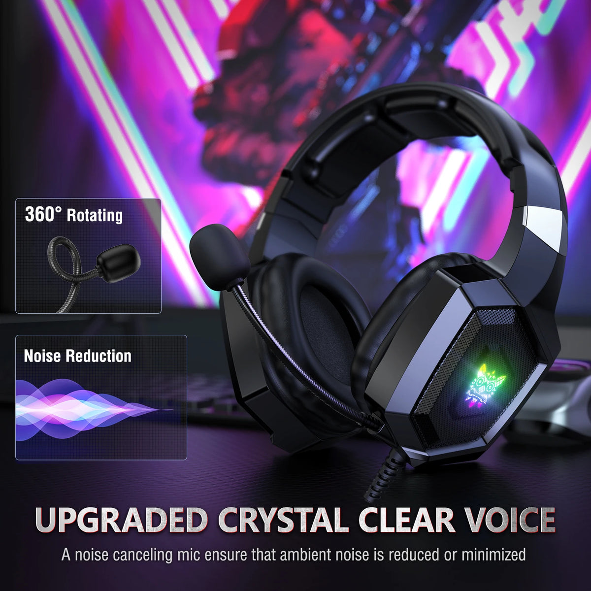 K8 Wired Gaming Headphones with Flexible HD Mic RGB Lighting Effect Over-Ear Wired Headset Gamer for PC Gaming Xbox