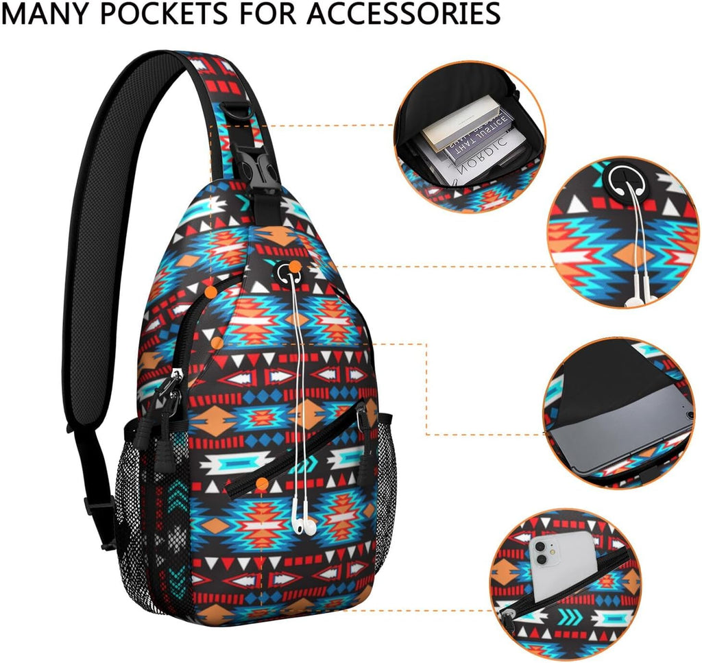 Native American Style Printed Sling Bag for Women Men Small Crossbody Sling Backpack Travel Hiking Daypack Boho Chest Shoulder Bag