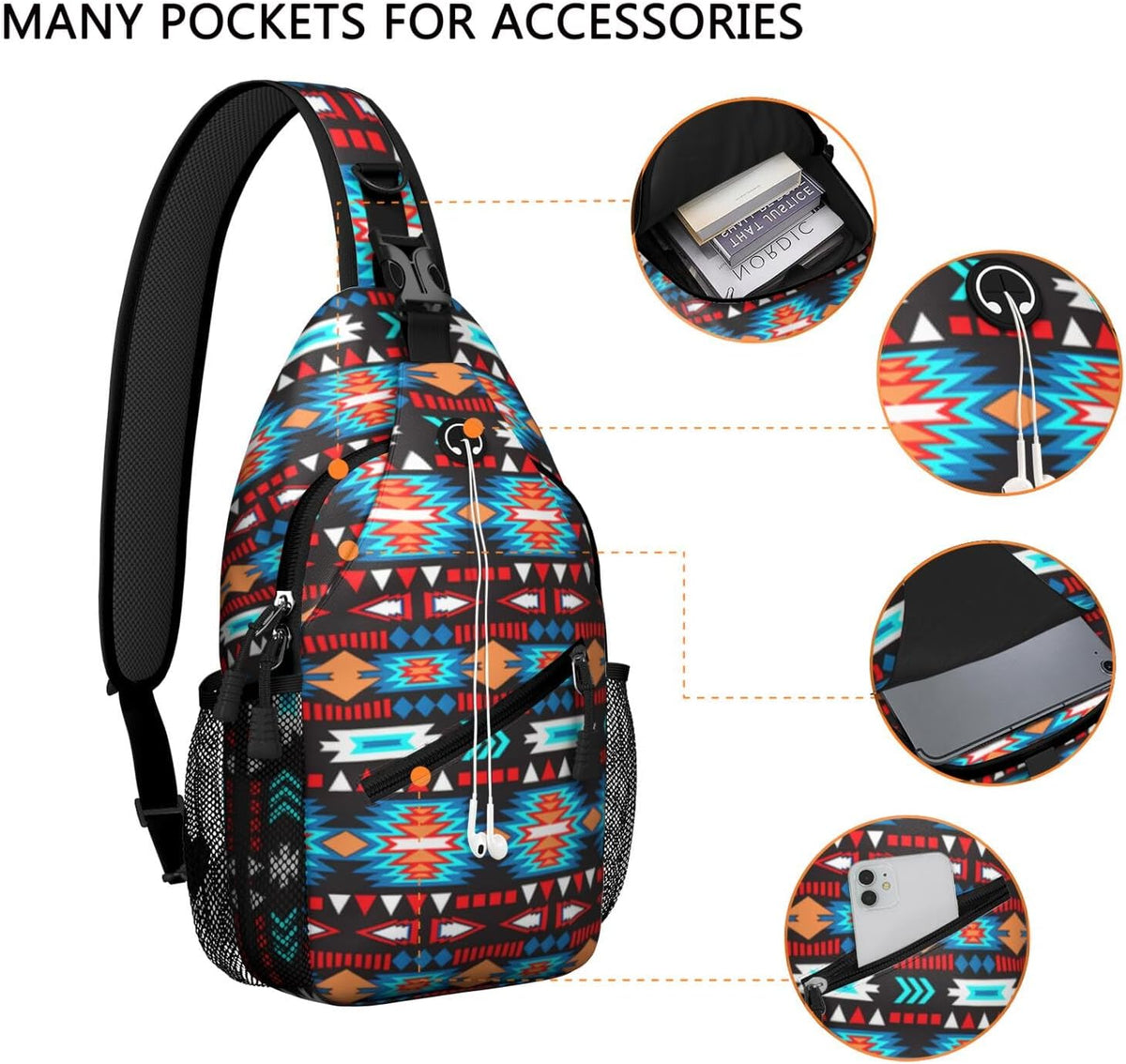 Native American Style Printed Sling Bag for Women Men Small Crossbody Sling Backpack Travel Hiking Daypack Boho Chest Shoulder Bag