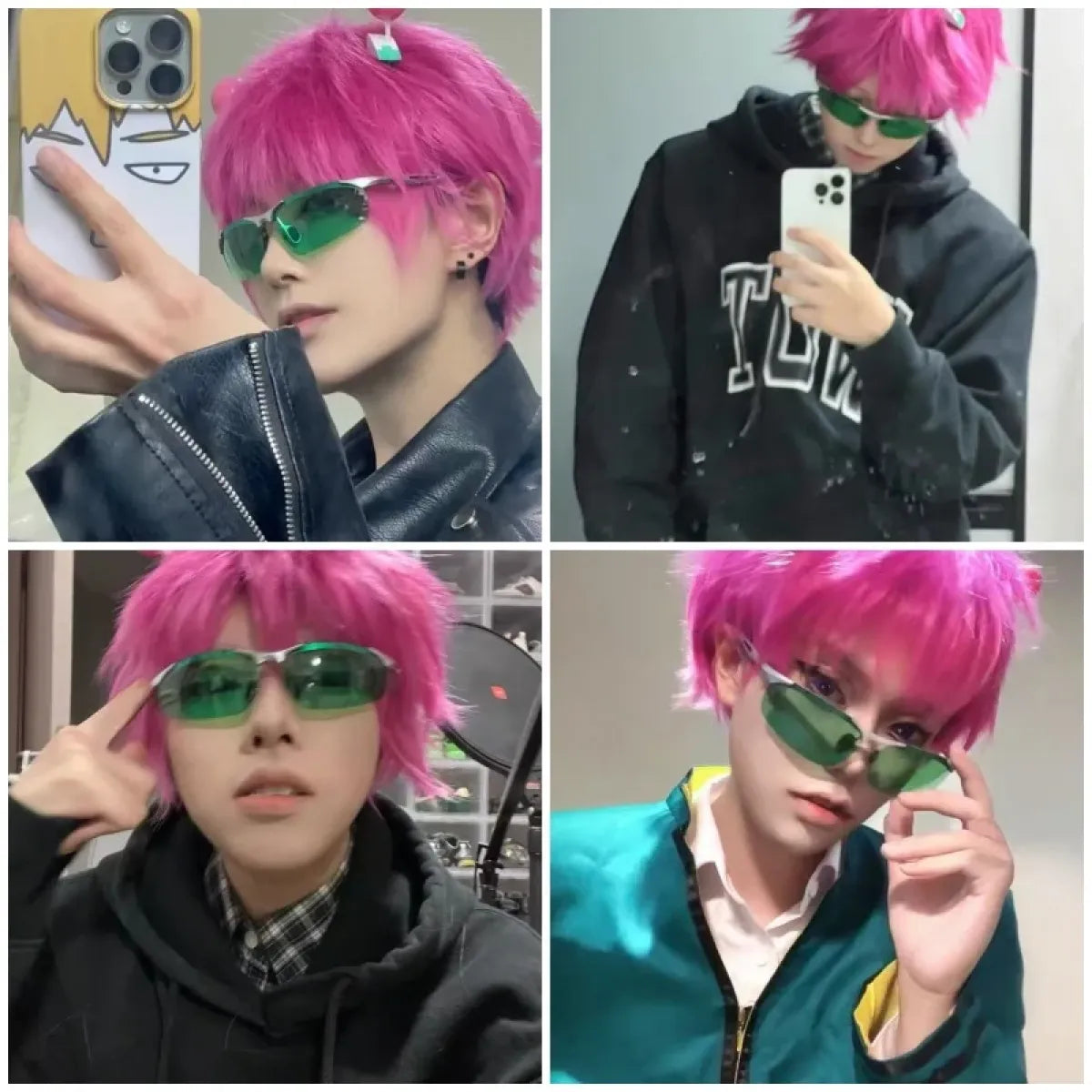Saiki Kusuo Cosplay Wig – Pink Wig with Hairpins & Green Glasses Set
