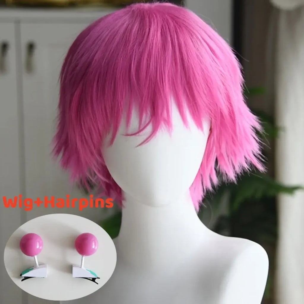 Saiki Kusuo Cosplay Wig – Pink Wig with Hairpins & Green Glasses Set