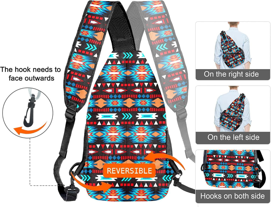 Native American Style Printed Sling Bag for Women Men Small Crossbody Sling Backpack Travel Hiking Daypack Boho Chest Shoulder Bag