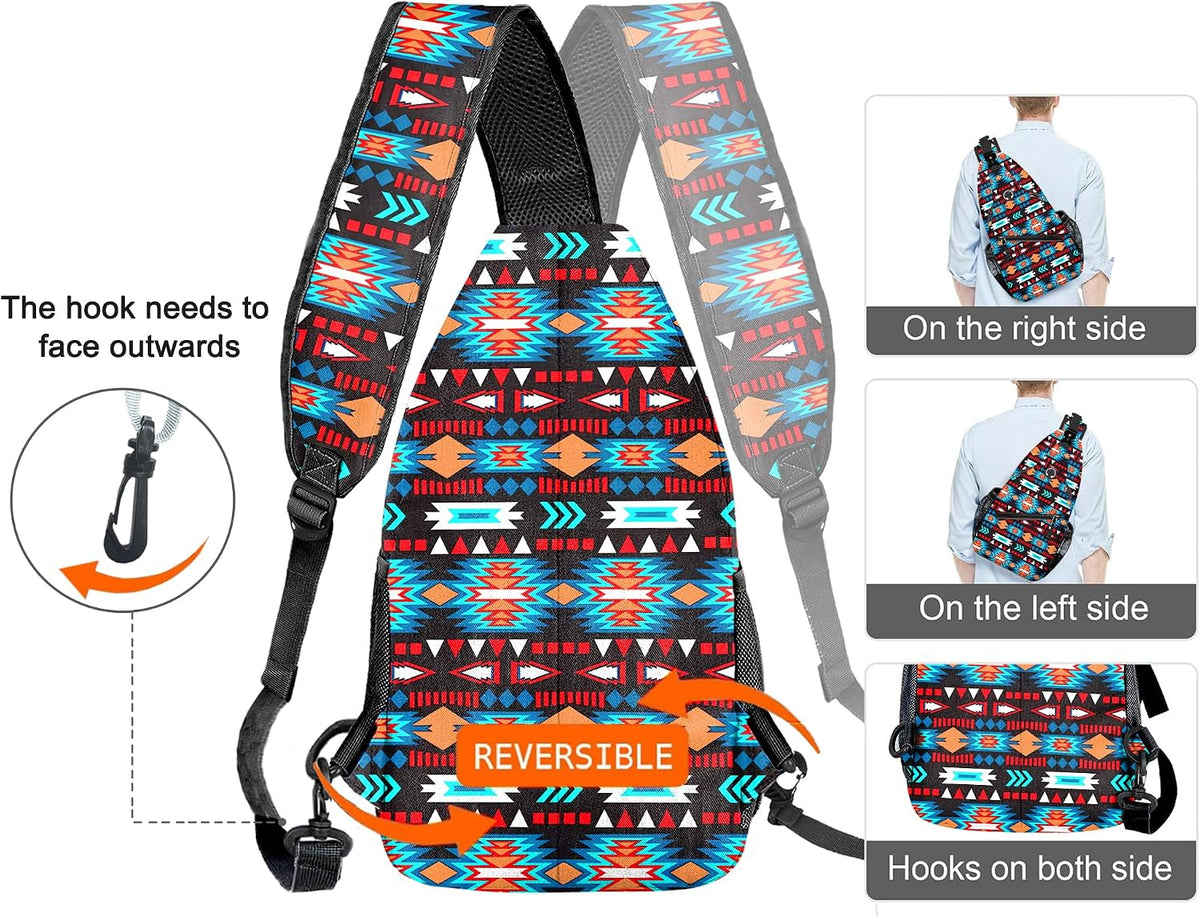 Native American Style Printed Sling Bag for Women Men Small Crossbody Sling Backpack Travel Hiking Daypack Boho Chest Shoulder Bag
