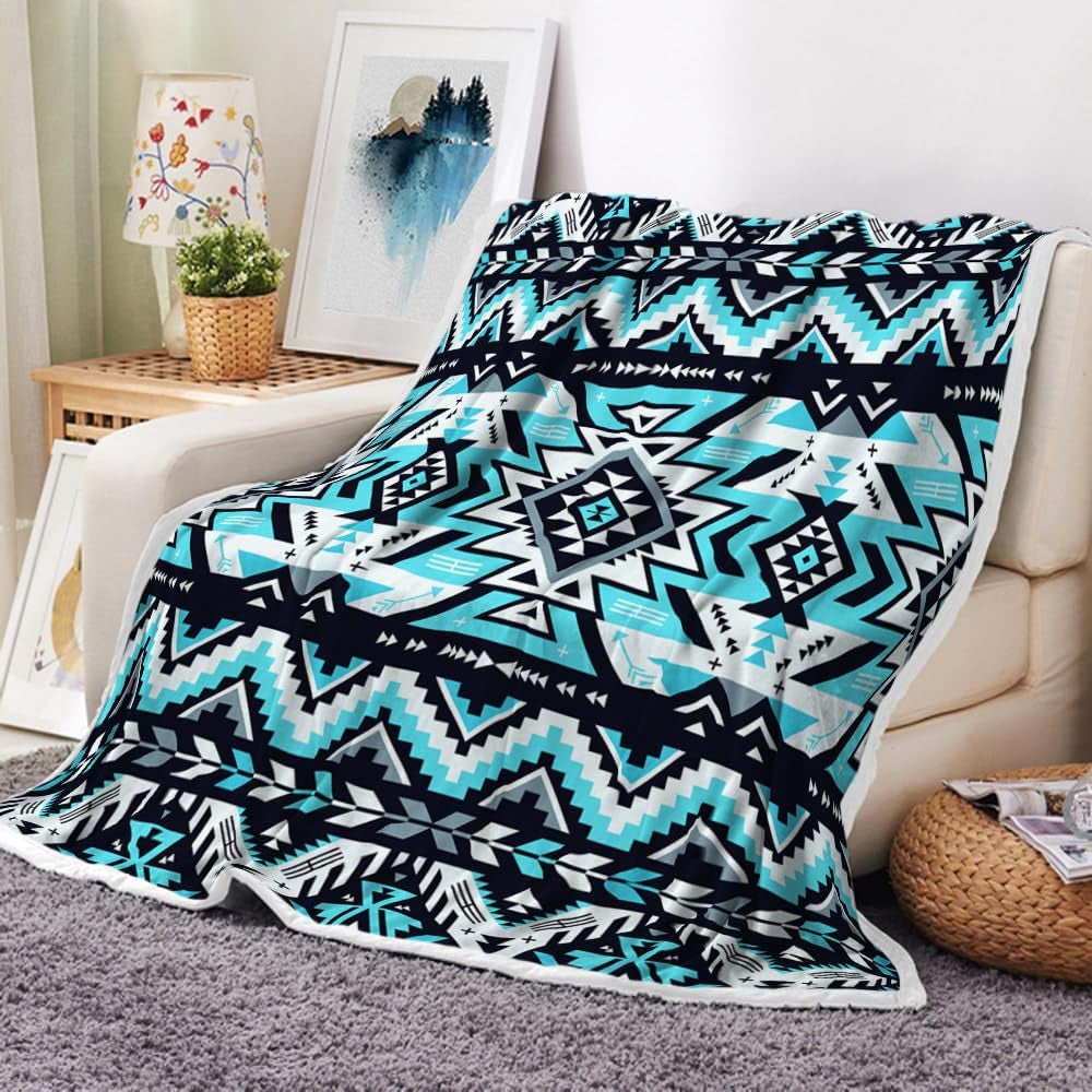 Southwestern Throw Blankets, Tribal Aztec Soft Cozy Flannel American Native Ethnic Geometric Mexican Western Boho Design Warm Bed Blanket for Man Woman Adults Blue Black White Couch Decor