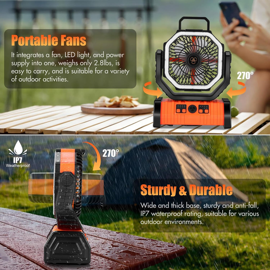 20000Mah Camping Fan with LED Lantern, Rechargeble Battery Operated Fan with 270° Head Rotation & Hook, Battery Operated Tents Fan with Remote for Picnic, Barbecue, Fishing, Travel, Home Outages