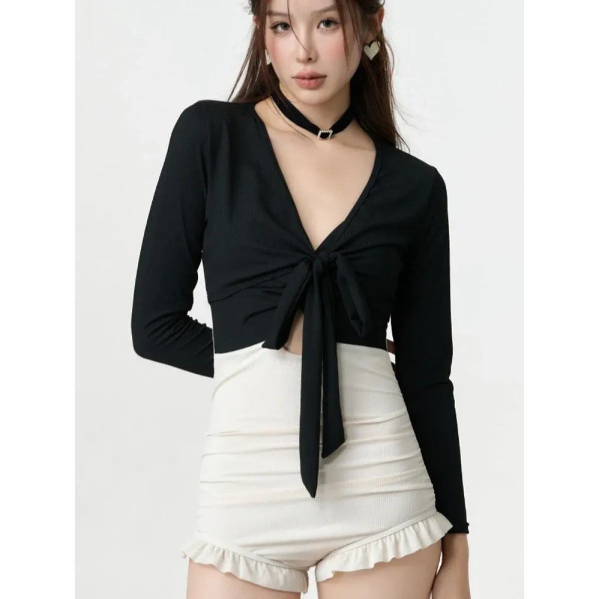 Bikini Set – V-Neck Long Sleeve with Ruffle High Waist