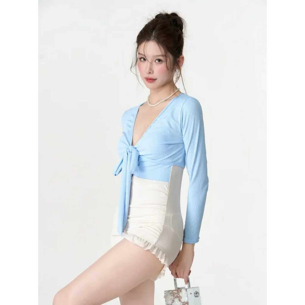 Bikini Set – V-Neck Long Sleeve with Ruffle High Waist