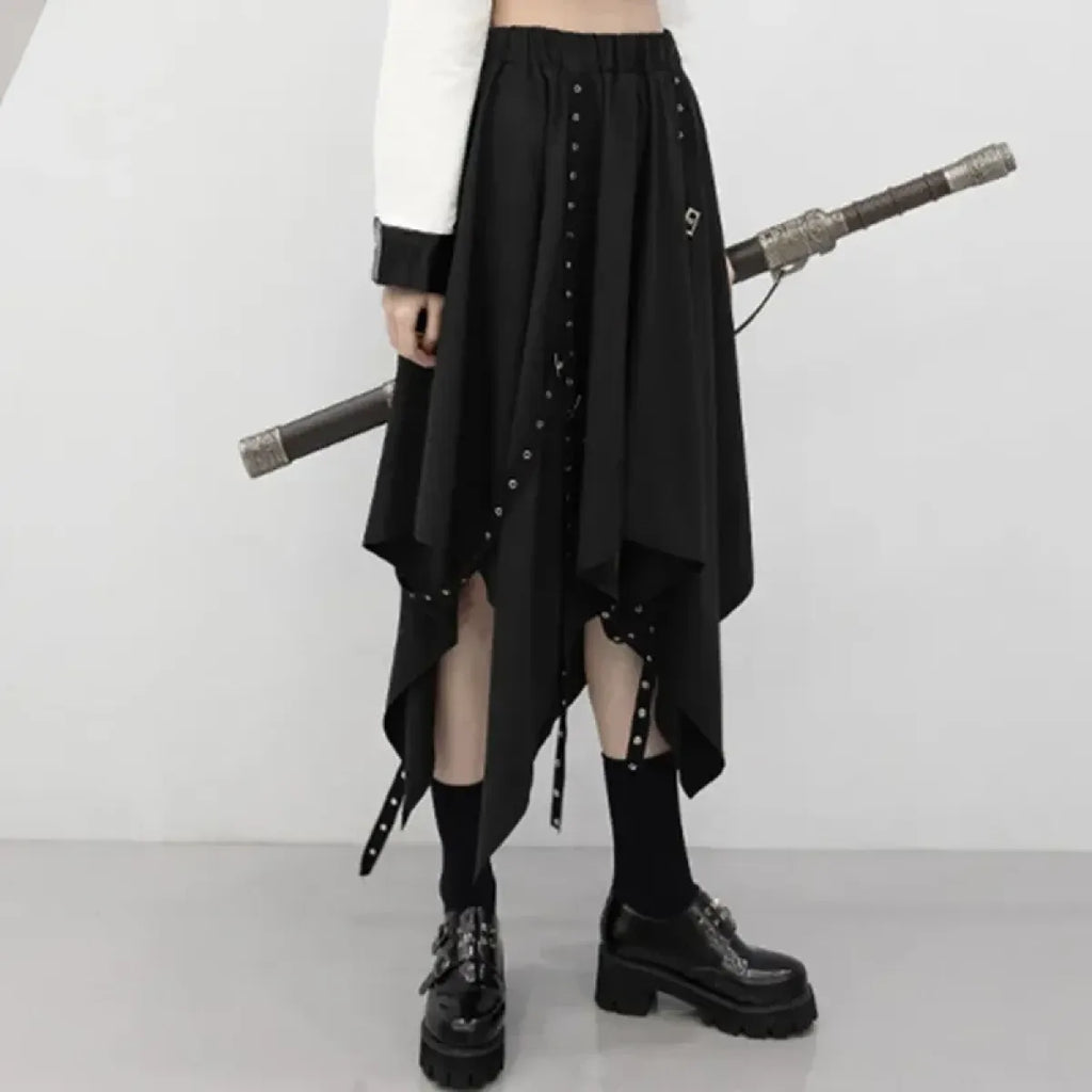 Black Irregular Hem Gothic Punk Skirt – Buckle Straps & Studded Details