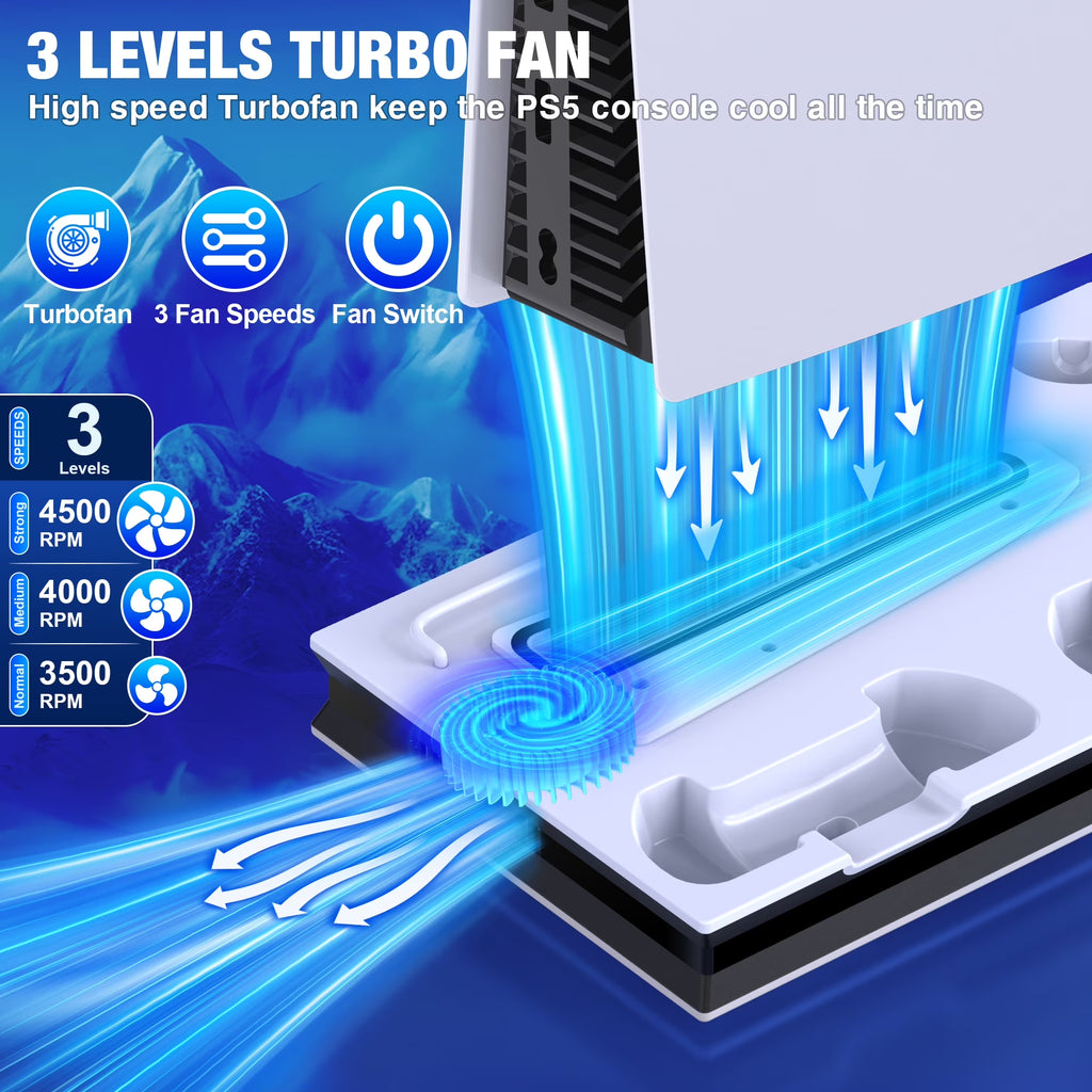 PS5 Cooling Fan Stand, All-In-One Charger Station with Dual Turbo Fan & Dual Controller Charging Dock, for PS5 Pro, Slim, Disc & Digital Edition