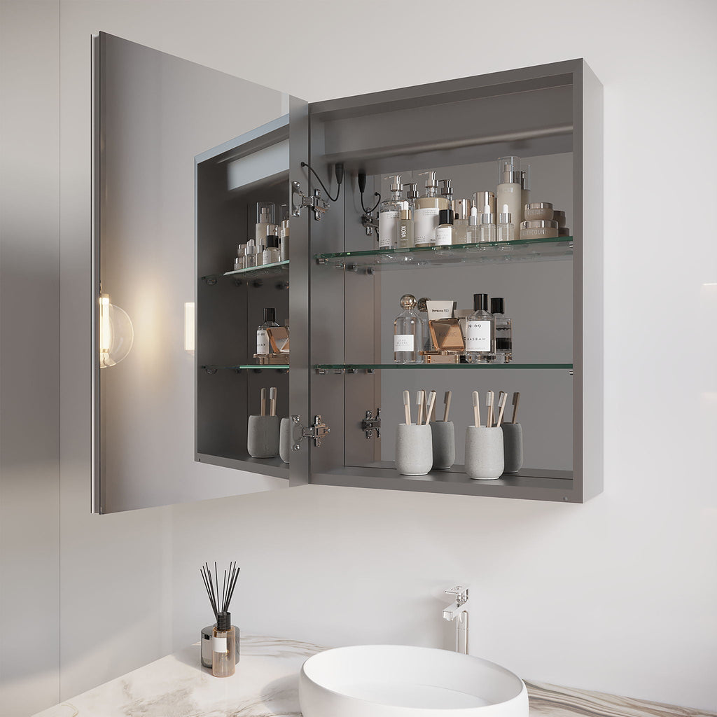 LED Medicine Cabinet with Anti-Fog Mirror and Touch Switch - Pearl Silver