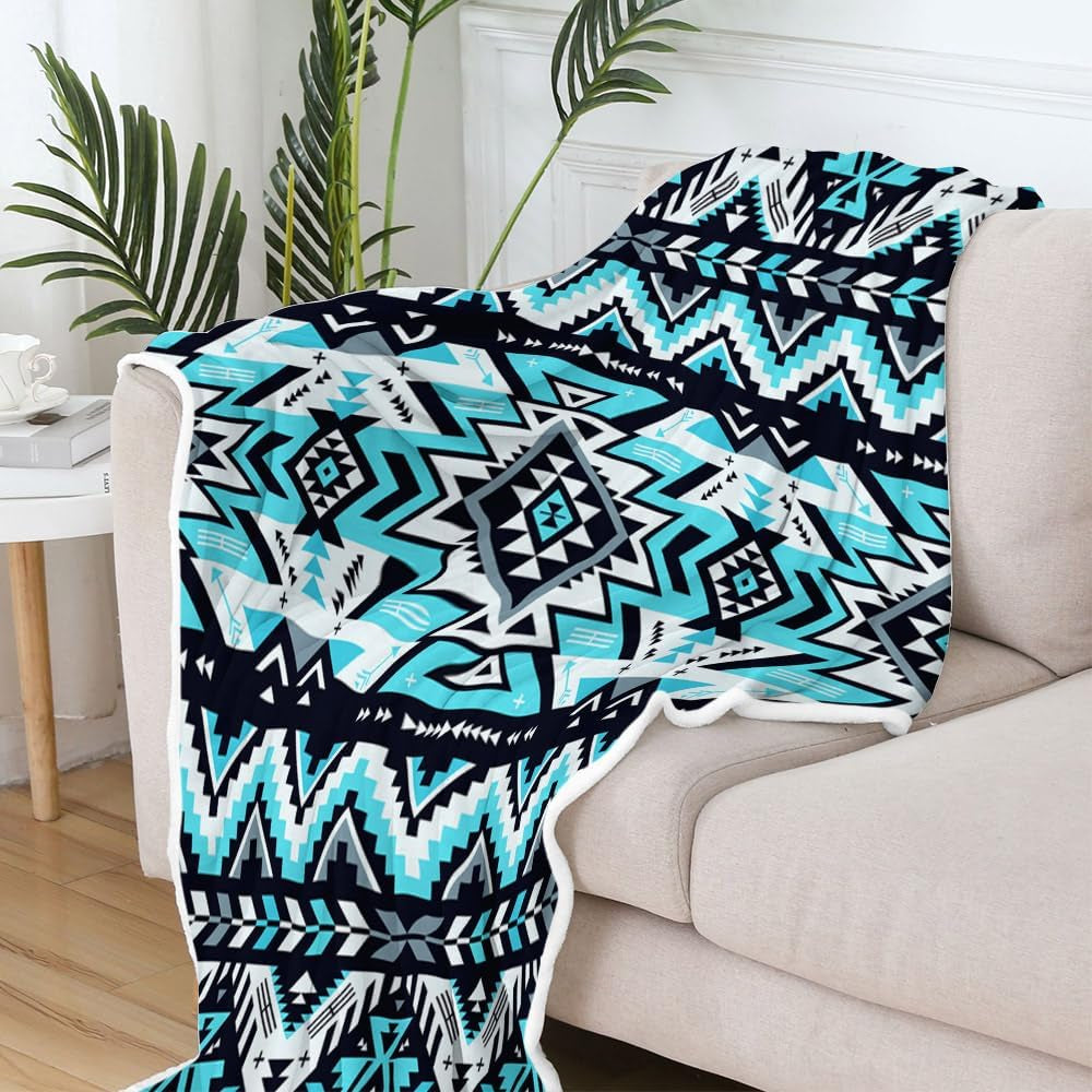 Southwestern Throw Blankets, Tribal Aztec Soft Cozy Flannel American Native Ethnic Geometric Mexican Western Boho Design Warm Bed Blanket for Man Woman Adults Blue Black White Couch Decor