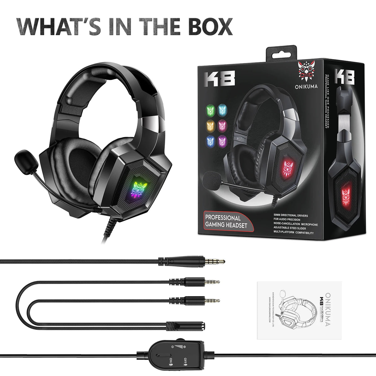 K8 Wired Gaming Headphones with Flexible HD Mic RGB Lighting Effect Over-Ear Wired Headset Gamer for PC Gaming Xbox