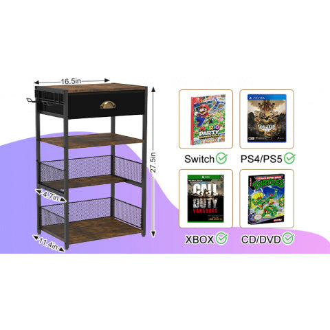 4-Tier Media Storage Tower with Drawer, Console Stand for PS5/Xbox/Switch