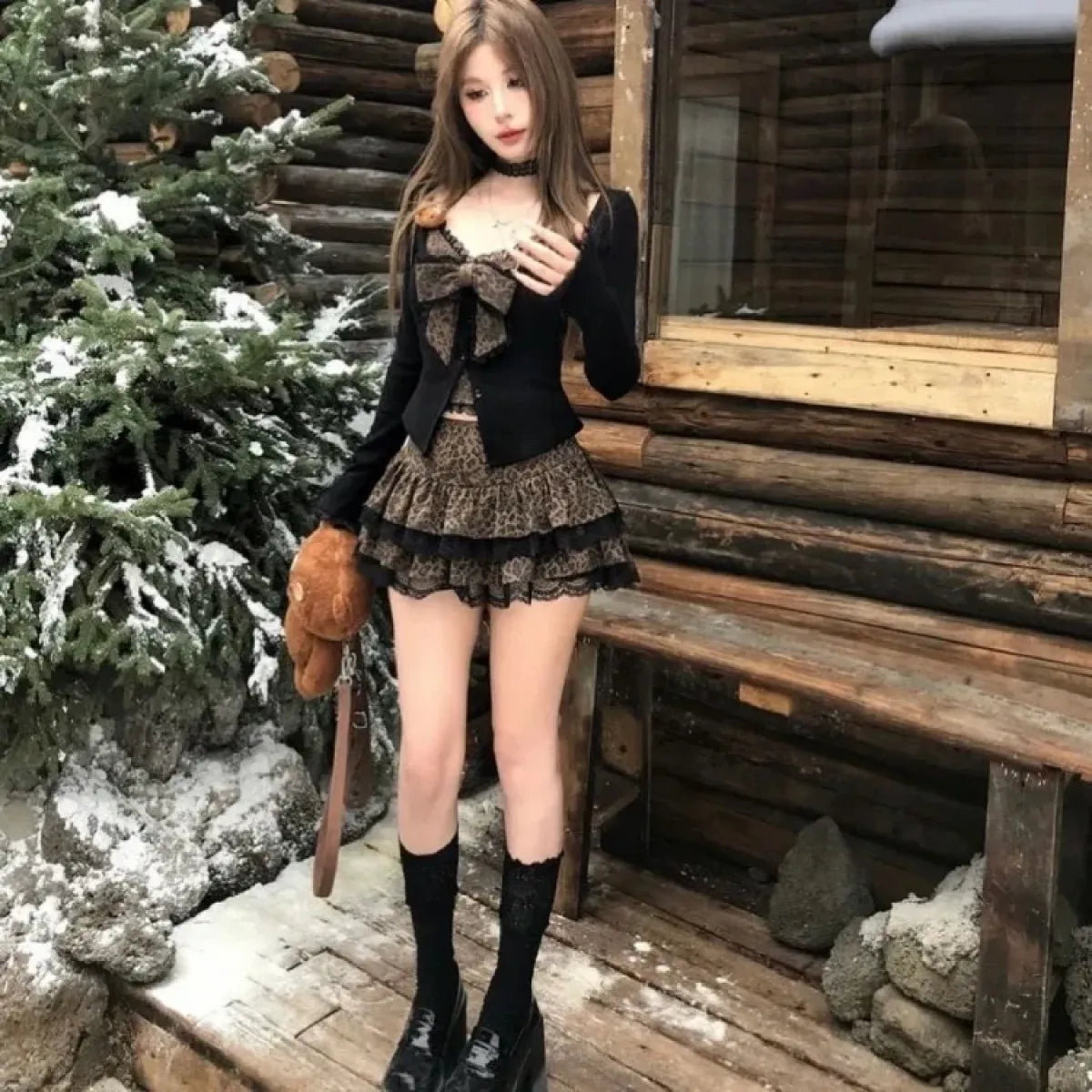 Leopard Print Bow Slim Fit Long Sleeve Lace Coat Women + Y2k High Waist Cake Skirts 2025 Autumn Winter New Two Piece Sets