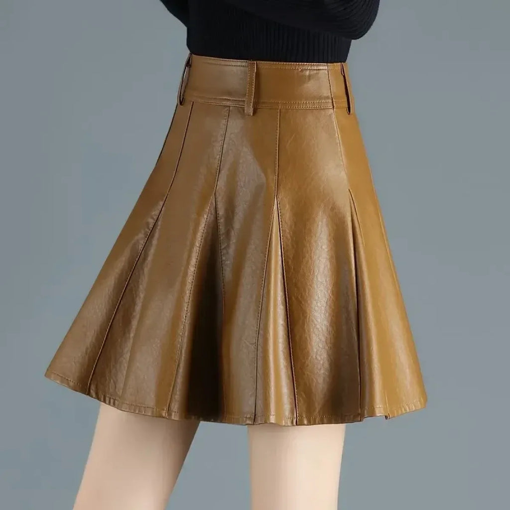 High Waist Pleated Leather Skirt – Korean Style Mini Skirt