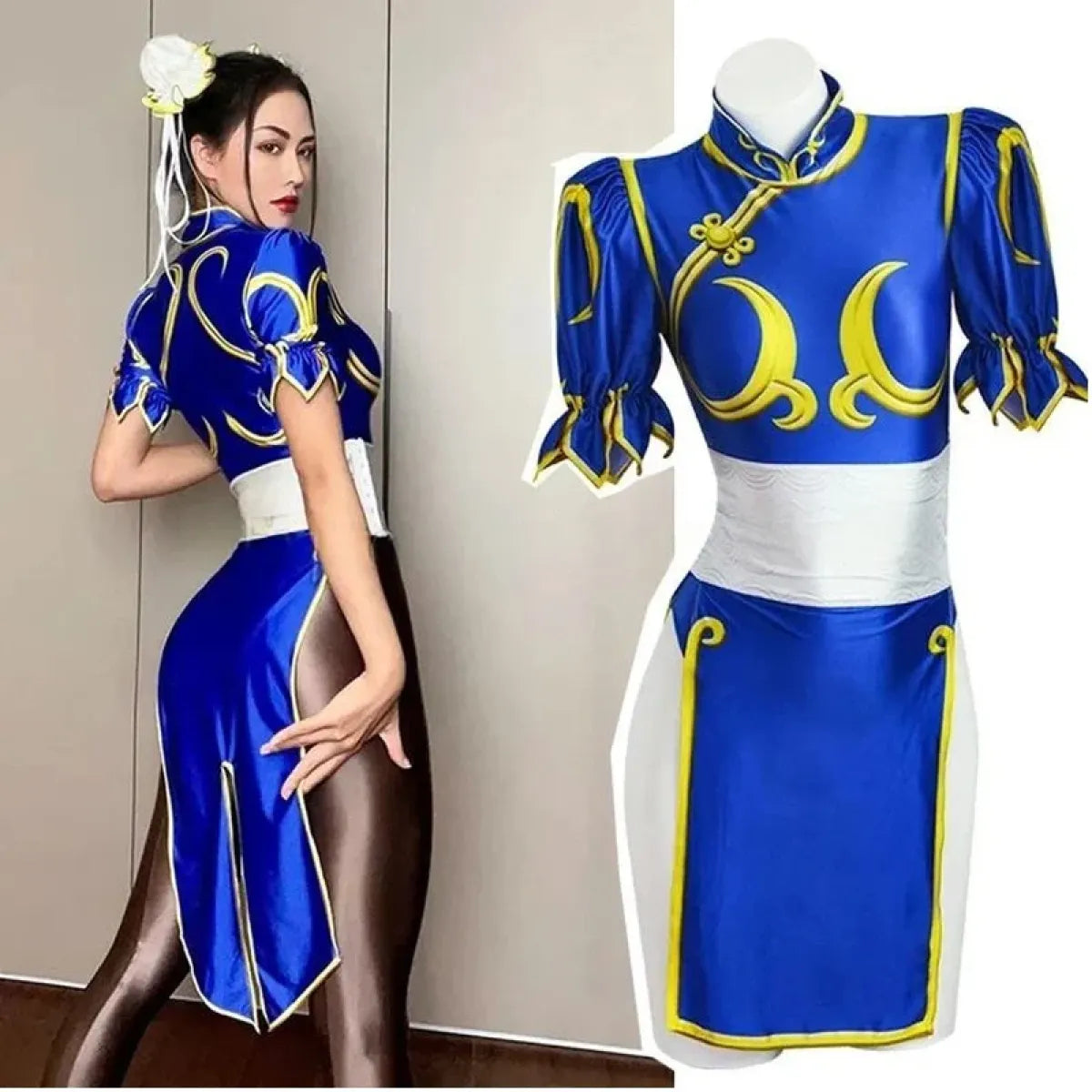 Chun Li Cosplay Costume – Street Fighter Blue Cheongsam Set with Headdress
