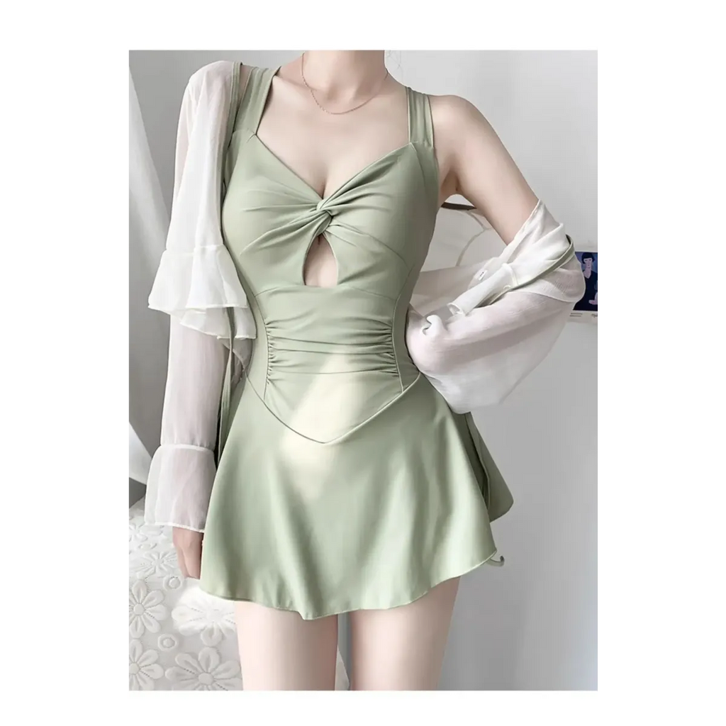 Pleated Cutout Swimsuit Dress – Korean Sexy Summer 2025 Swimwear