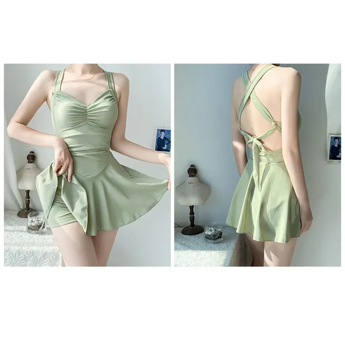 Pleated Cutout Swimsuit Dress – Korean Sexy Summer 2025 Swimwear