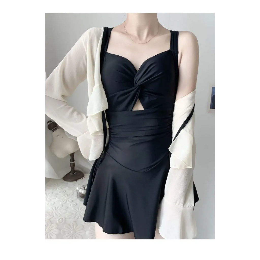 Pleated Cutout Swimsuit Dress – Korean Sexy Summer 2025 Swimwear